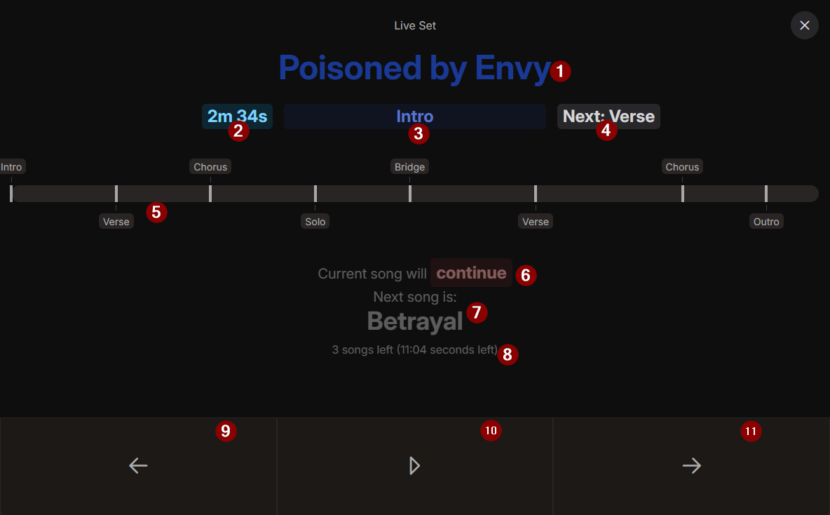 live mode with numbered sections screenshot