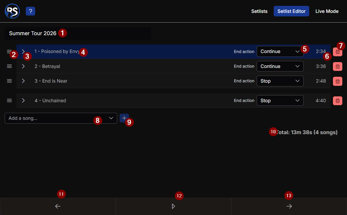 setlist editor with numbered sections screenshot