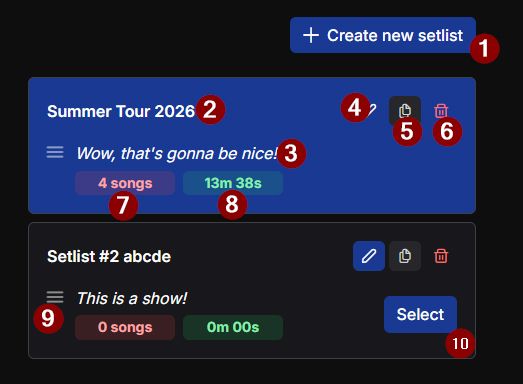 setlist editor with numbered sections screenshot